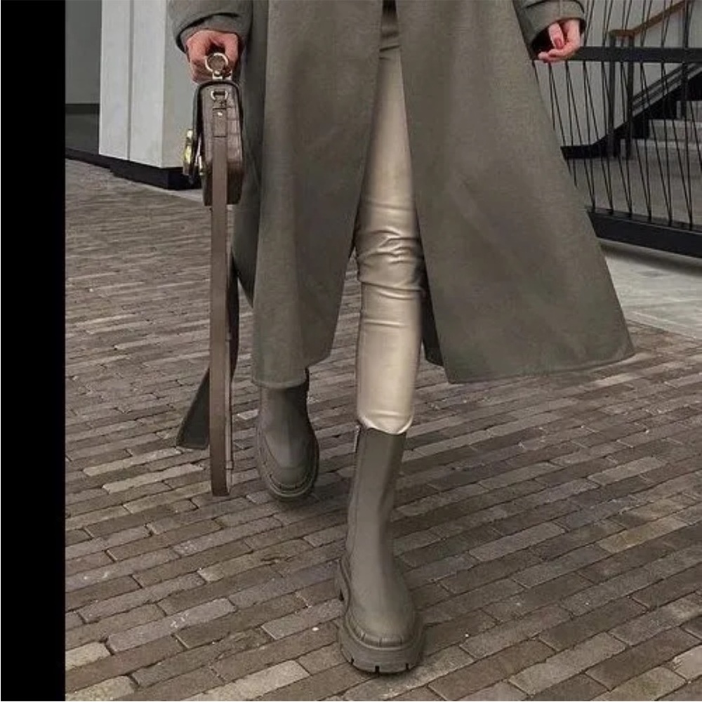 Zara Rubberized Green Khaki Mid Heel Ankle Chunky Platform Lug Sole Boots 38 - Picture 10 of 12